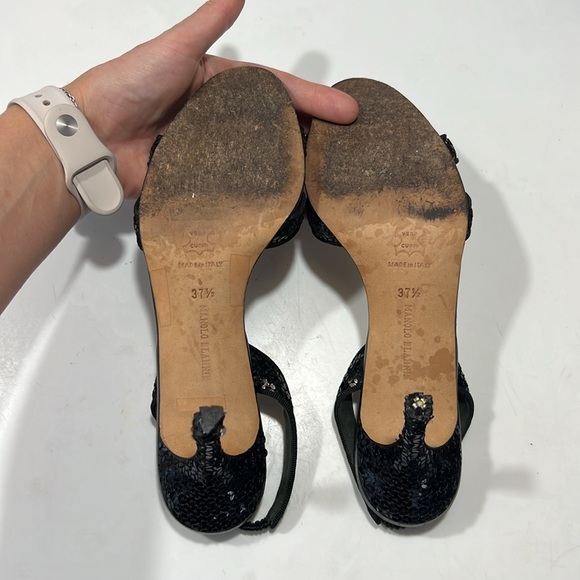Manolo Blahnik Black Sequin Kitten Heels Sandals Stiletto Sz 37.5 7.5 - Picture 8 of 8